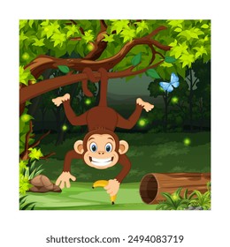 Monkey with banana cartoon vector illustration. Monkey in the jungle