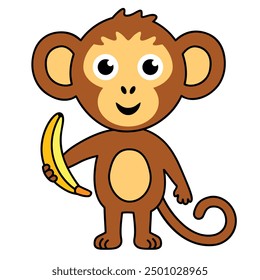 Monkey with banana. Monkey cartoon, vector illustration. Monkey clip art, isolated on white background. 