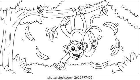 monkey with banana hanging on a tree, easy coloring page for kids or adults