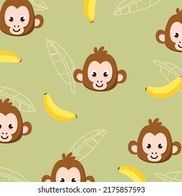 Monkey Banana Leaf Pattern. Happy Simple Monkey. Vector texture Funny Monkey