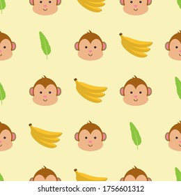 Monkey with banana and leaves seamless pattern isolated in yellow