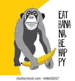 Monkey with a banana on a yellow background. Vector illustration.