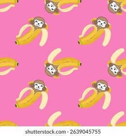 Monkey and banana pattern on pink background