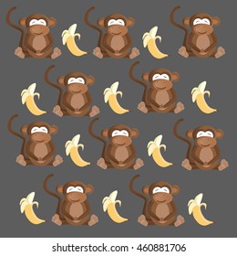 monkey and banana seamless pattern on gray background