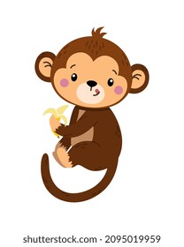 Monkey with banana. Stickers and badges for children. Jungle animals, tropical characters. Exotic, africa, forest, zoo, wildlife. Cartoon flat vector illustration isolated on white background