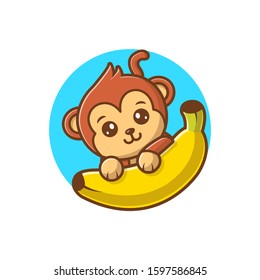 Monkey and Banana Vector Icon Illustration. Cute Monkey Cartoon Logo. Animal Icon Concept White Isolated. Flat Cartoon Style Suitable for Web Landing Page, Banner, Sticker, Background