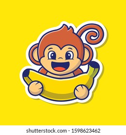 Monkey and Banana Vector Icon Illustration. Cute Monkey Cartoon Logo. Animal Icon Concept White Isolated. Flat Cartoon Style Suitable for Web Landing Page, Banner, Sticker, Background