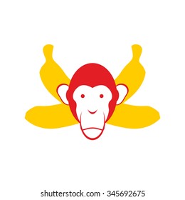 Monkey and bananas. Chimpanzee head and crossed banana. Red macaque symbol for Chinese new year 2016. 