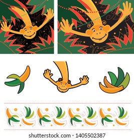 monkey with bananas in the jungle on a vine, illustration and elements