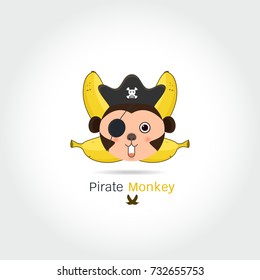 Monkey and bananas logo. Monkey head and crossed bananas.pirate monkey cartoon, T-shirt design for kids on white background vector illustration