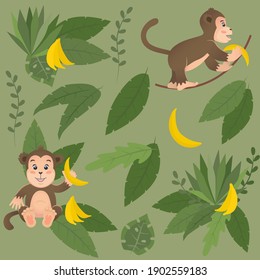 Monkey with bananas on jungle leaves vector illustration.