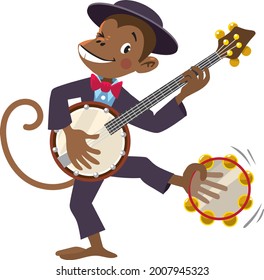 Monkey with banjo. Jazz band with animals.