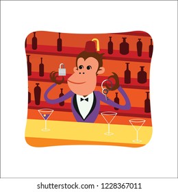 A monkey bartender holding a lock and key.