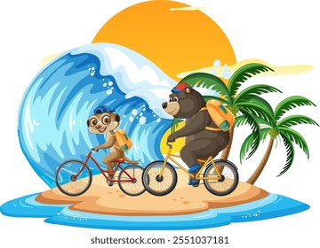 Monkey and bear biking on a sunny beach