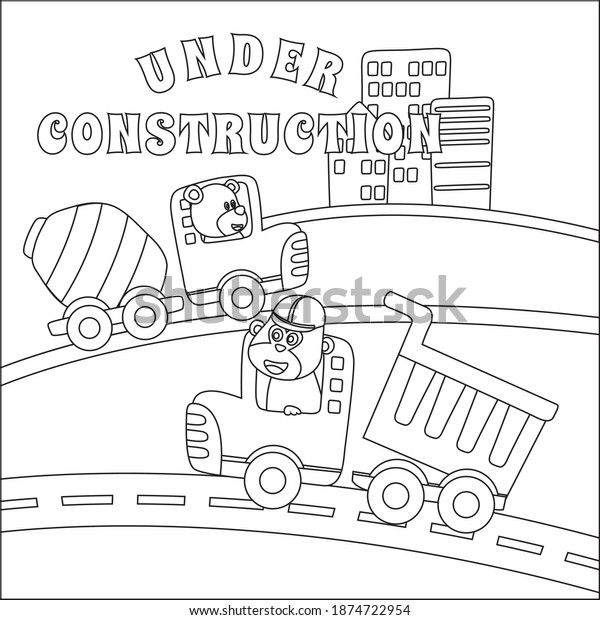 Monkey and bear driving\
contruction car, Cartoon isolated vector illustration, Creative\
vector Childish design for kids activity colouring book or\
page.