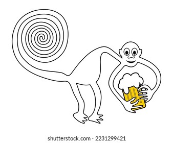 Monkey with beer and beer belly - paraphrase of the famous geoglyph of the Monkey from Nazca, The Nazca Lines, Nazca Desert, Peru