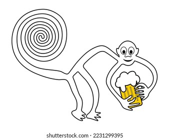 Monkey with beer - paraphrase of the famous geoglyph of the Monkey from Nazca, The Nazca Lines, Nazca Desert, Peru