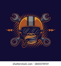 Monkey biker wearing moto helmet mascot illustration design vector file eps10. editable design ready for t-shirt design