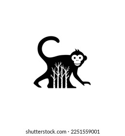 Monkey with birch tree logo vector. Full body of ape icon for pet animal lover, forest station and jungle keeper, green world community. Apply to web site app business company brand, shirt apparel art