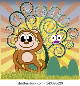 Monkey and bird smiling, summer day and green tree silhouette on a plain