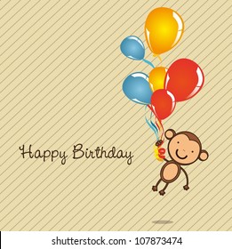 monkey birthday card with balloons, vector illustration