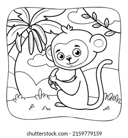 Monkey black and white. Coloring book or Coloring page for kids. Nature background vector illustration