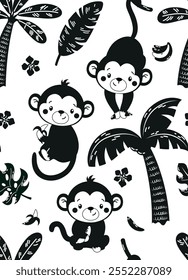 Monkey black and white seamless pattern. Repeating design element for fabric printing. Tropical animal, wild life. Flora and fauna, palm trees. Cartoon flat vector illustration