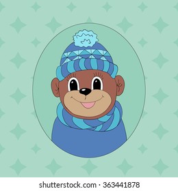 Monkey in a blue cap and scarf. Print for clothes, cards and children's books