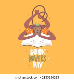 Monkey with books vector illustration. Book store or library with literature for kids. Cartoon vector background. 
