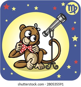 Monkey with a bow and Zodiac sign - Virgo. Telescope and Stars. Vector illustration. Cartoon style.
Emotional little monkey with large expressive eyes - the symbol of 2016.