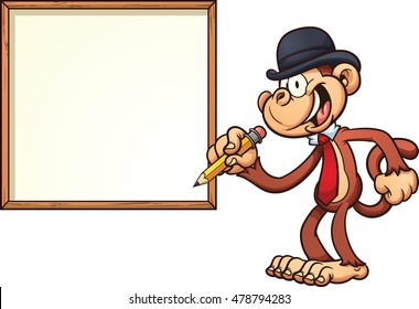 Monkey with a bowler hat and blank board. Vector clip art illustration with simple gradients. Monkey and board on separate layers.