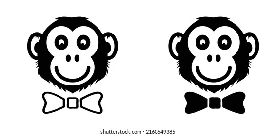 Monkey with bow-tie or bowtie, tie or necktie. Monkeypox or monkey pox viral disease pictogram or logo. Virus outbreak pandemic. Disease spread, symptoms or precautions icon. Monky, ape head or fa.