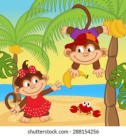 monkey boy gives girl banana - vector illustration, eps