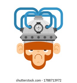 Affen- und Hirnstimulierungshelm. Apparatur Elektronische Wirkung auf die Gehirnaktivität. Schimpanse und Denkstimulator. Hirnkontrollhelm