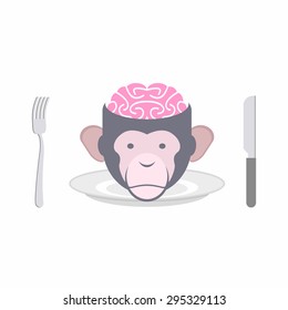 Monkey Brains prohibited dish of Oriental cuisines Chinese, Indonesian and African cuisines. Animal's head on a plate. Cutlery: knife and fork. Food Delicacy forbidden in restaurant.