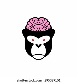 Monkey brains. Vector illustration logo head animal. Pink brain and black monkey. Open cranial box.