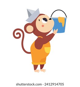 Monkey Builder Character Hold Bucket Vector Illustration