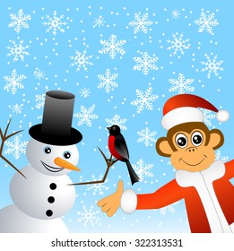 Monkey with bullfinches and snowman, vector illustration