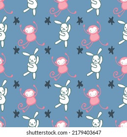 Monkey Bunny Rabbit Star Seamless Pattern. Vector illustration. Perfect for party, fashion, decoration, textile design, background, illustration, carpet, tiles and rug.