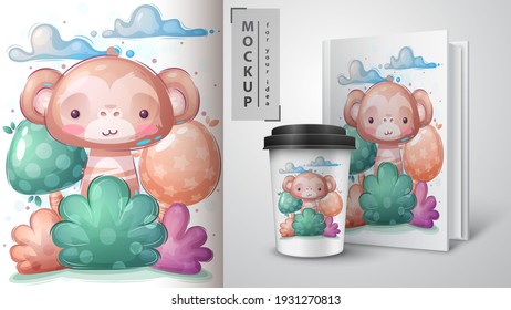 Monkey in bush poster and merchandising. Vector eps 10