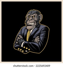 monkey business, primate wearing formal tuxedo and yellow tie looking confident, premade design print