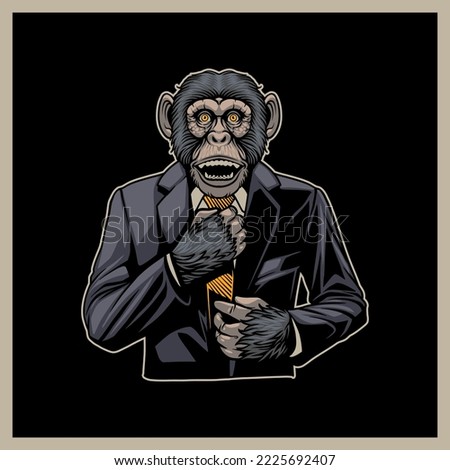 monkey business, primate wearing formal tuxedo fixing the yellow tie looking for a job, premade design print