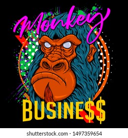 "Monkey business" - quote poster design. Vector illustration of gorilla head with halftone and paint splashes on black background. Modern fashionable tee shirt print or label design.