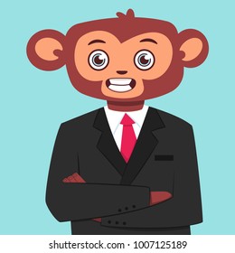 Monkey in a business suit. Vector cartoon flat illustration of a funny animal isolated on background.