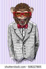 Monkey In Business Suit. Vector Illustration For Greeting Card, Poster, Or Print On Clothes. Fashion Style Drawing. Hipster.