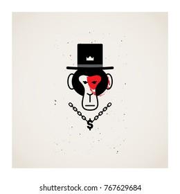 Monkey business - vector illustration with ape face in hat. Chain with pendant in the shape of a dollar sign