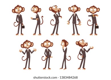 Monkey businessman cartoon character dressed in human suit, funny animal in different poses vector Illustration on a white background