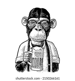 Monkey businessman dressed in the shirt and suspender holding glass of beer. Vintage black engraving illustration. Isolated on white background. Hand drawn design element for poster