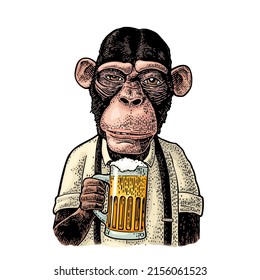 Monkey businessman dressed in the shirt and suspender holding glass of beer. Vintage black and color engraving illustration. Isolated on white background. Hand drawn design element for poster