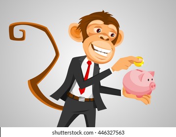 Monkey businessman saves money in the piggy bank